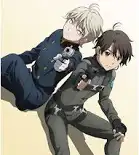 two anime characters are posing with guns. the one on the left has gray hair and a light uniform, while the one on the right has brown hair and a dark uniform.