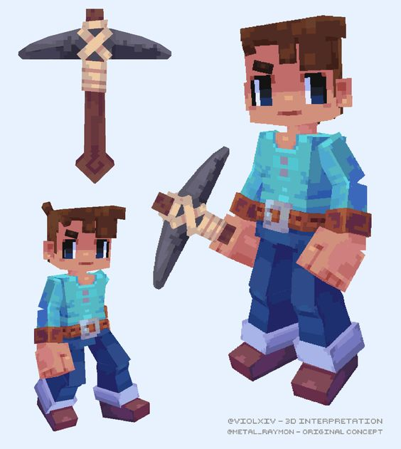 a voxel character based on the default minecraft character skin. the character is holding a pickaxe and wearing a teal shirt, brown belt and blue pants. there is a front and side view of the character and the pickaxe.