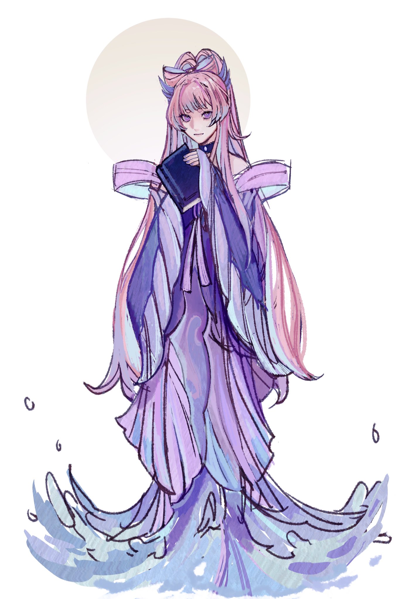 this is a digital illustration of a young woman standing in the ocean with her long pink hair flowing behind her. she is wearing a purple kimono dress and holding a book. the woman is standing on the surface of the water, which is rippling and sparkling. the background is a light blue sky with white clouds and a crescent moon. the overall style of the illustration is soft and whimsical.