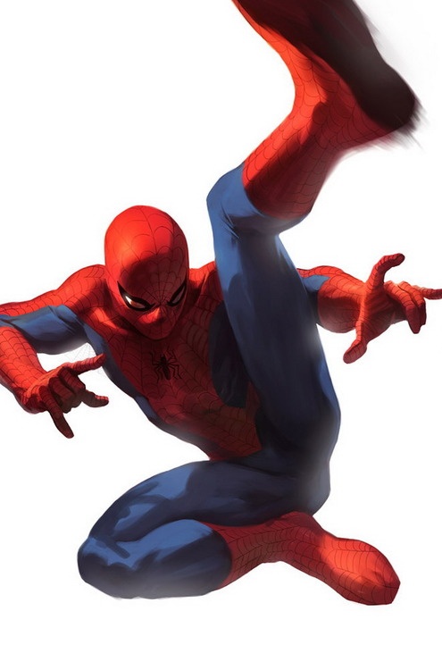 a digital art illustration of spiderman, a superhero from the marvel universe, in midair with one leg outstretched. the background is white. the pose and colors of the illustration are dynamic and vibrant.