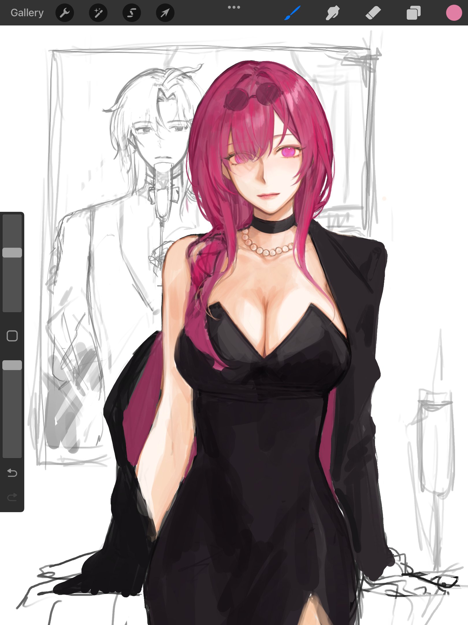 the image is a digital art piece that features an animestyle girl with pink hair wearing a black dress. she is posing in a confident and elegant manner, with a slight smile on her face. the background is a white and grey sketch of a man in a suit and a table with a glass on it. the girl's eyes are large and sparkling, and her lips are slightly parted. the overall image is visually stunning, with vibrant colors and intricate details. the artist has captured the beauty and grace of the girl in a way that is both captivating and inspiring.