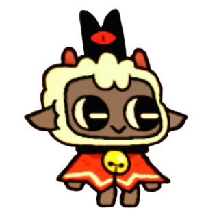 he image portrays a cartoonlike character resembling a lamb adorned in a red robe with a yellow bell. its distinct features include white, fluffy wool, black horns, and large, endearing eyes. a black crown with a single red eye sits atop its head. the character's overall appearance evokes a sense of whimsy and charm. content: cartoon character, lambpeople: noneenvironment: nonelighting: bright, evenperspective: frontfacingkw: cute, cartoon, lamb, robe, crown, eye, horns, bell, fluffy, whimsical, charming