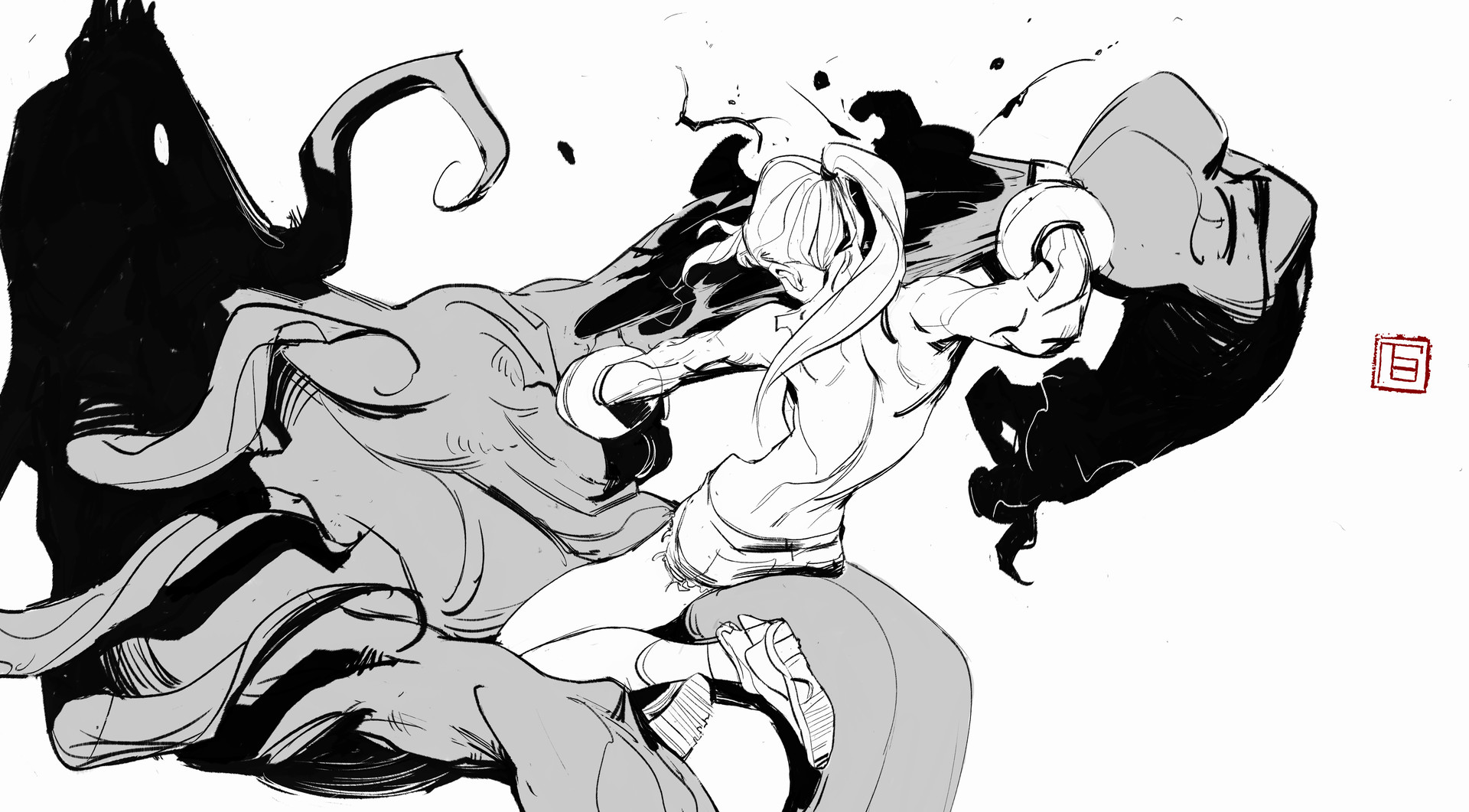 the image is a dynamic black and white ink drawing or sketch depicting a woman in a fighting stance. she appears to be a boxer or martial artist, delivering a punch or strike.  her pose is energetic and expressive, conveying a sense of power and motion. she is fighting against a dark, amorphous, almost shadowy figure that seems to be made of ink. the style is expressive and slightly abstract, utilizing shading and ink washes to create depth and movement. the overall impression is one of intense action and struggle.  there is a red seallike stamp in the upper right corner, possibly suggesting a signature or artistic mark.  the artwork exhibits a blend of traditional ink painting techniques and modern illustration styles.