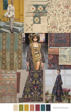 this moodboard presents a diverse range of fashion inspirations. the collage features different textile patterns, including floral, geometric, paisley, and striped designs. the patterns are used in various clothing items, such as dresses, skirts, jackets, and scarves. the collage also includes images of women wearing these garments, showcasing different styling options. the moodboard is a visual representation of a specific style and is likely used for inspiration in fashion design, product development, and personal styling.