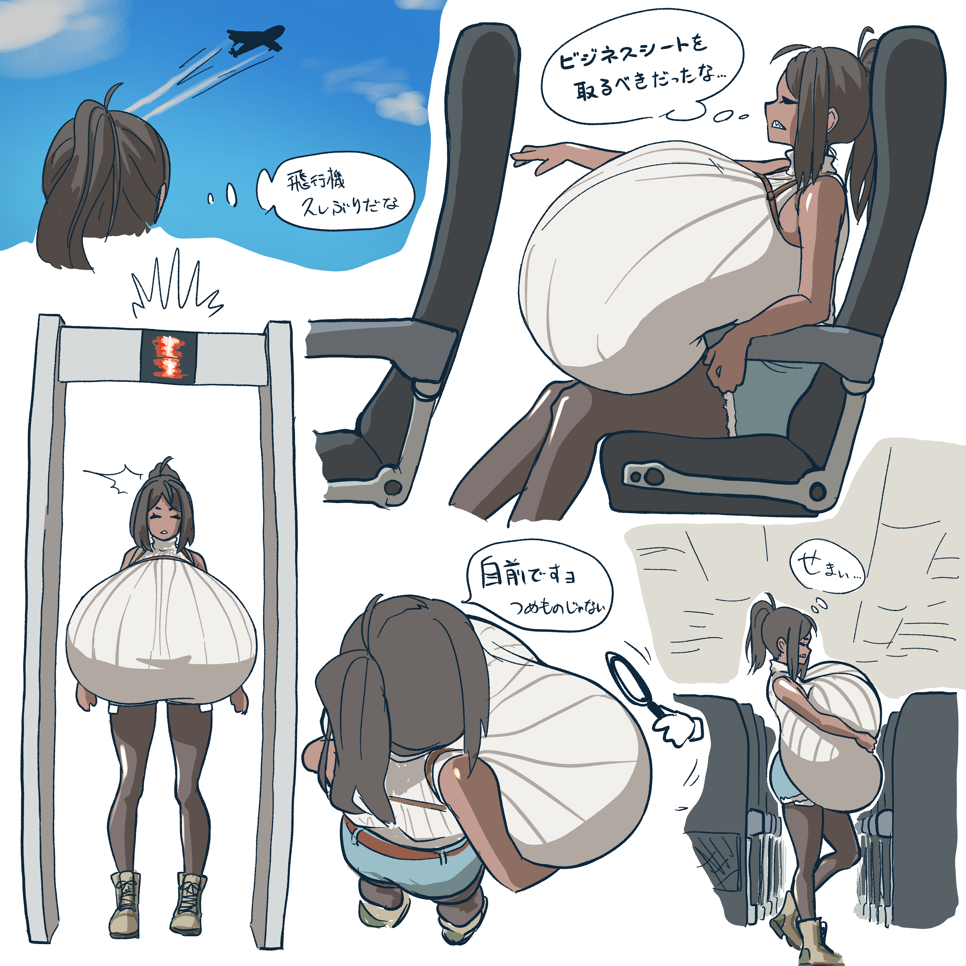 this is a humorous mangastyle illustration depicting a woman with an inflated chest and a  giant white bag as her luggage. she is trying to navigate through an airport, including security, with humorous reactions from the people around her.  the woman seems to be trying to fit her bag into the overhead bin of an airplane.  the illustrations are filled with exaggerated features, including the size of the bag and the reactions of other passengers. the humorous nature of the illustrations suggests that it is a lighthearted take on the common struggle of traveling with large luggage.