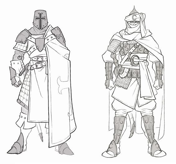 the image presents two line drawings of warriors from seemingly opposing sides of a historical conflict, likely during the crusades.  on the left is a depiction of a european knight, clad in full plate armor, including a great helm displaying a cross, suggesting a templar or hospitaller knight. he carries a sword and a large shield with a cross.  on the right is a warrior dressed in what appears to be middle eastern or north african attire. he wears a turban, a long robe, and what seems to be scale or lamellar armor, along with leg guards.  he also carries a sword or saber. both figures are presented in a similar style, offering a visual comparison of their respective fighting styles and cultural equipment. the drawings are detailed and emphasize the distinct armor and apparel of each warrior.