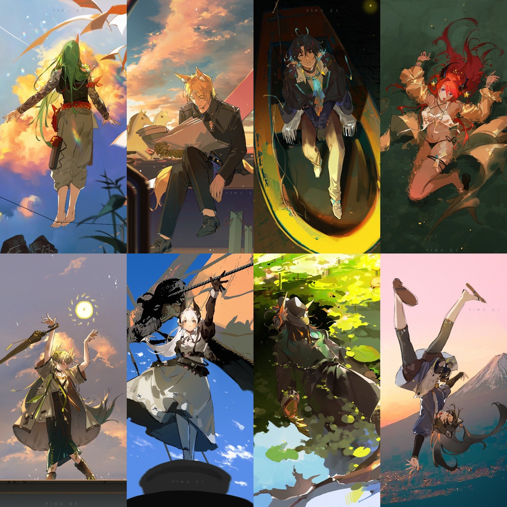 the image is a collection of eight digital illustrations featuring original characters in various poses and settings. each illustration is framed as a portrait orientation and showcases a unique environment with distinct lighting and perspective. the art style leans towards anime and manga with an emphasis on dynamic poses and expressive compositions. the overall palette is warm and inviting, utilizing natural sunlight and backlighting to create a sense of depth and atmosphere.