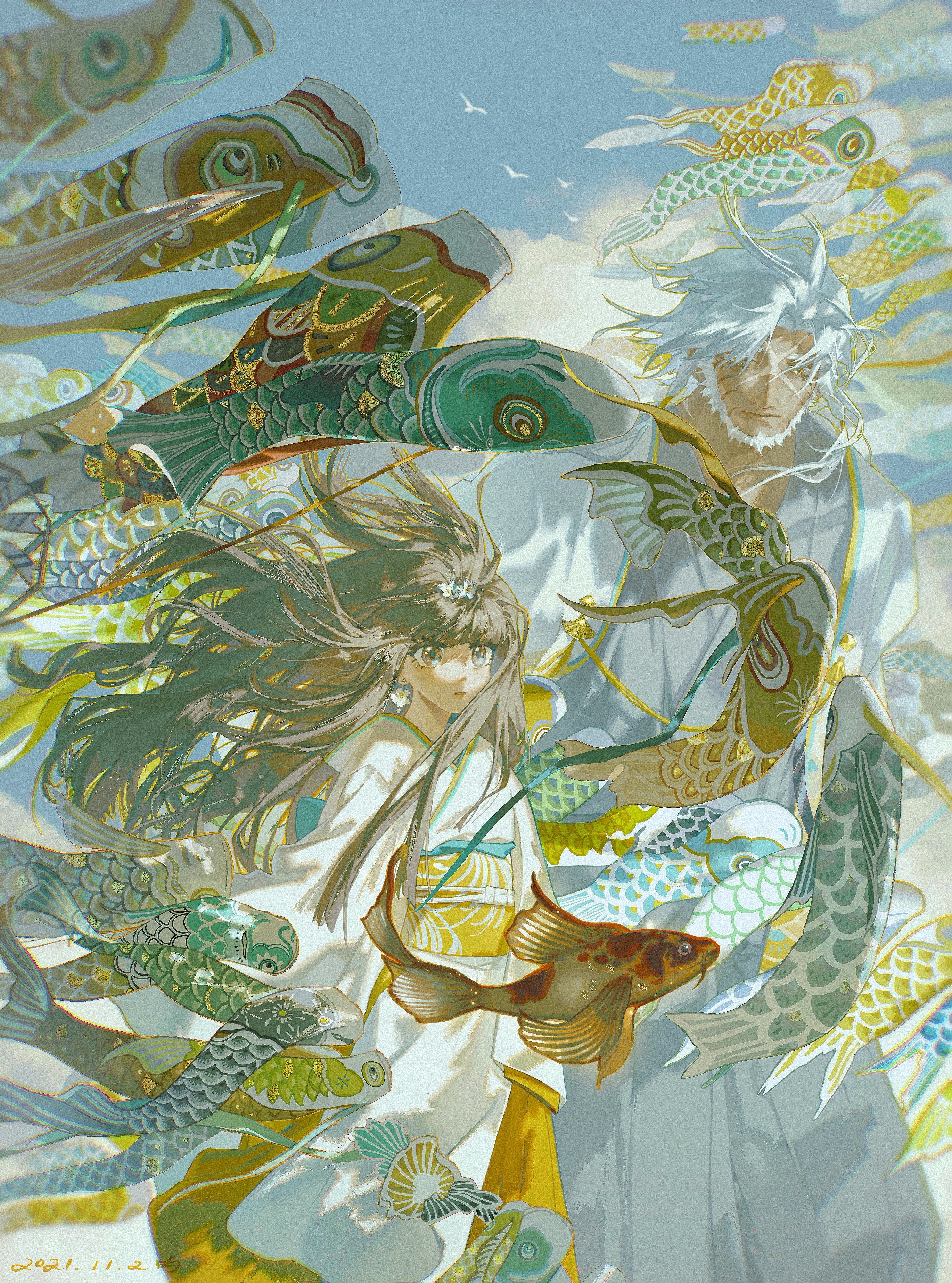 a beautiful and whimsical illustration featuring a young anime couple standing amongst a flurry of colorful koi fish kites. the scene evokes a sense of joy and celebration, with the kites dancing gracefully in the wind against a backdrop of a clear blue sky and fluffy white clouds. the girl is dressed in a flowing white kimono adorned with yellow and green details, her long brown hair cascading down her back. her eyes are closed and her expression is one of peace and contentment. the boy beside her has short, silver hair and is wearing a similar white kimono. he is looking at the girl with a gentle smile. together, they seem to be lost in their own world, oblivious to the world around them. the use of light and color in this illustration is stunning, with vibrant hues of yellow, green, and blue dominating the composition. the delicate details of the kites and the flowing fabrics of the characters' clothes add to the overall sense of beauty and elegance. this illustration is a captivating and evocative piece of art that celebrates love, joy, and the beauty of nature.
