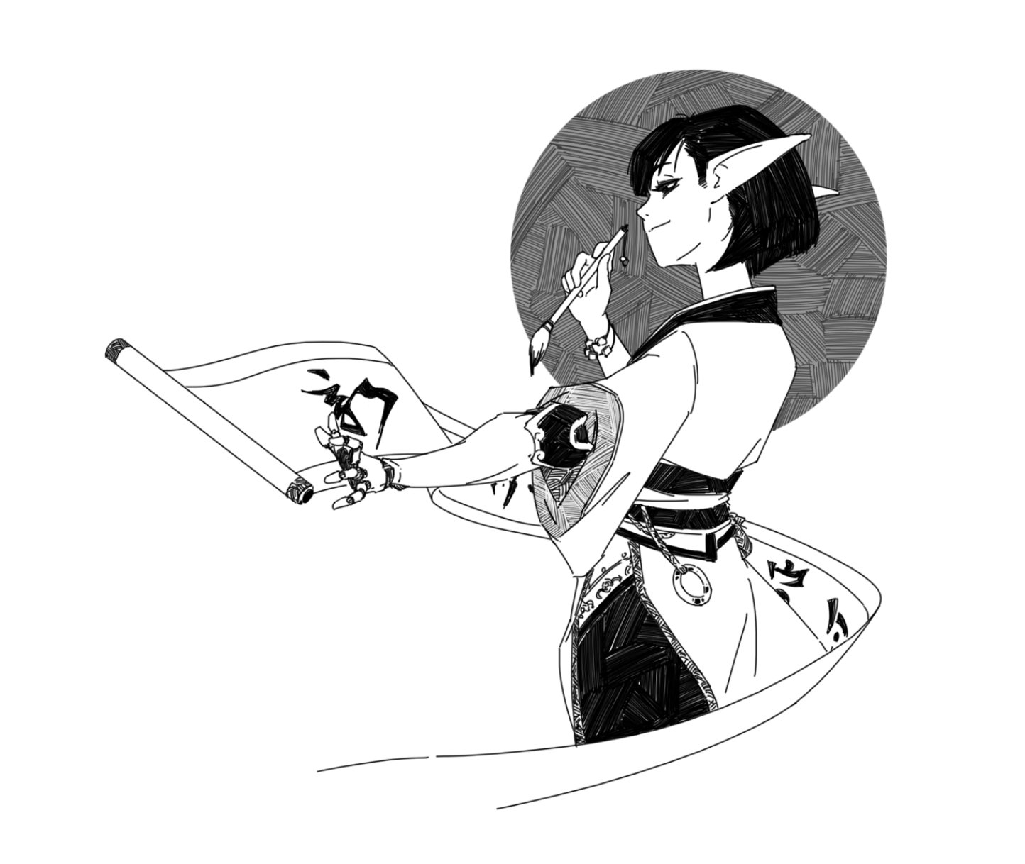 the image is a black and white line drawing of an elf woman in traditional east asianinspired clothing. she is holding a long brush and a scroll, appearing to be in the process of calligraphy or painting. her expression is serene and focused. the style is elegant and detailed, with a flowing, dynamic composition. the background features a circular element with hatched lines. the overall style suggests a fantasy or mythical context, possibly representing an artist or scholar.