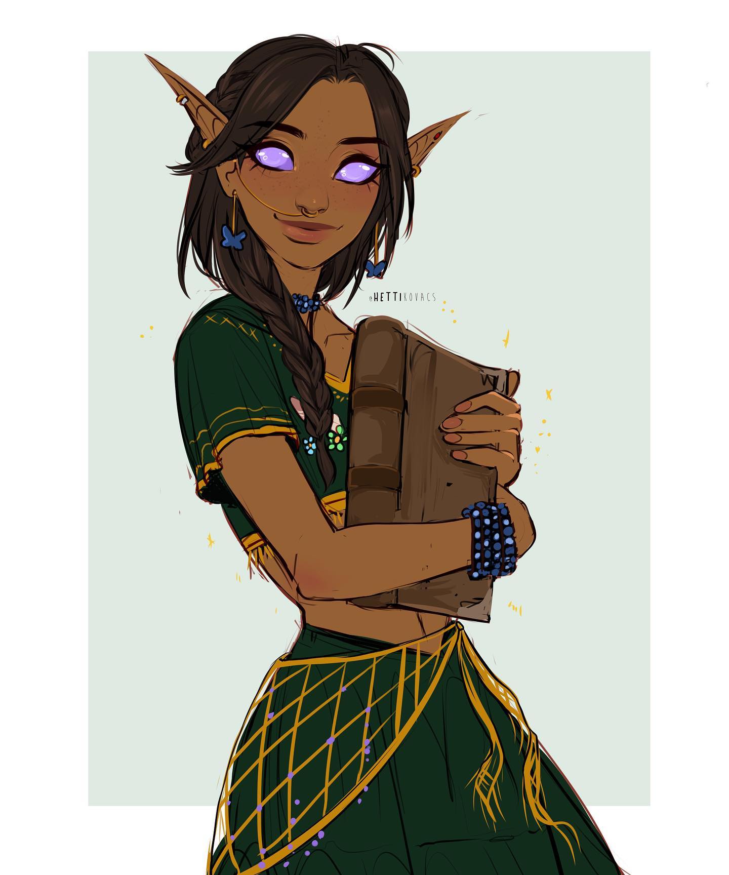 the image is a digital illustration of a female darkskinned elf. she has pointed ears, vibrant purple eyes, and long brown hair styled in a braid.  she's wearing an elaborate green outfit with gold detailing, suggestive of tribal or fantasy inspired clothing, and a netlike skirt.  the elf is holding a large, old book close to her chest, suggesting a scholar or magical user.  the art style is soft and detailed, with a slightly ethereal feel due to the light sparkles around her. the background is a simple, muted teal. the overall impression is one of a strong, intelligent, and mystical character.