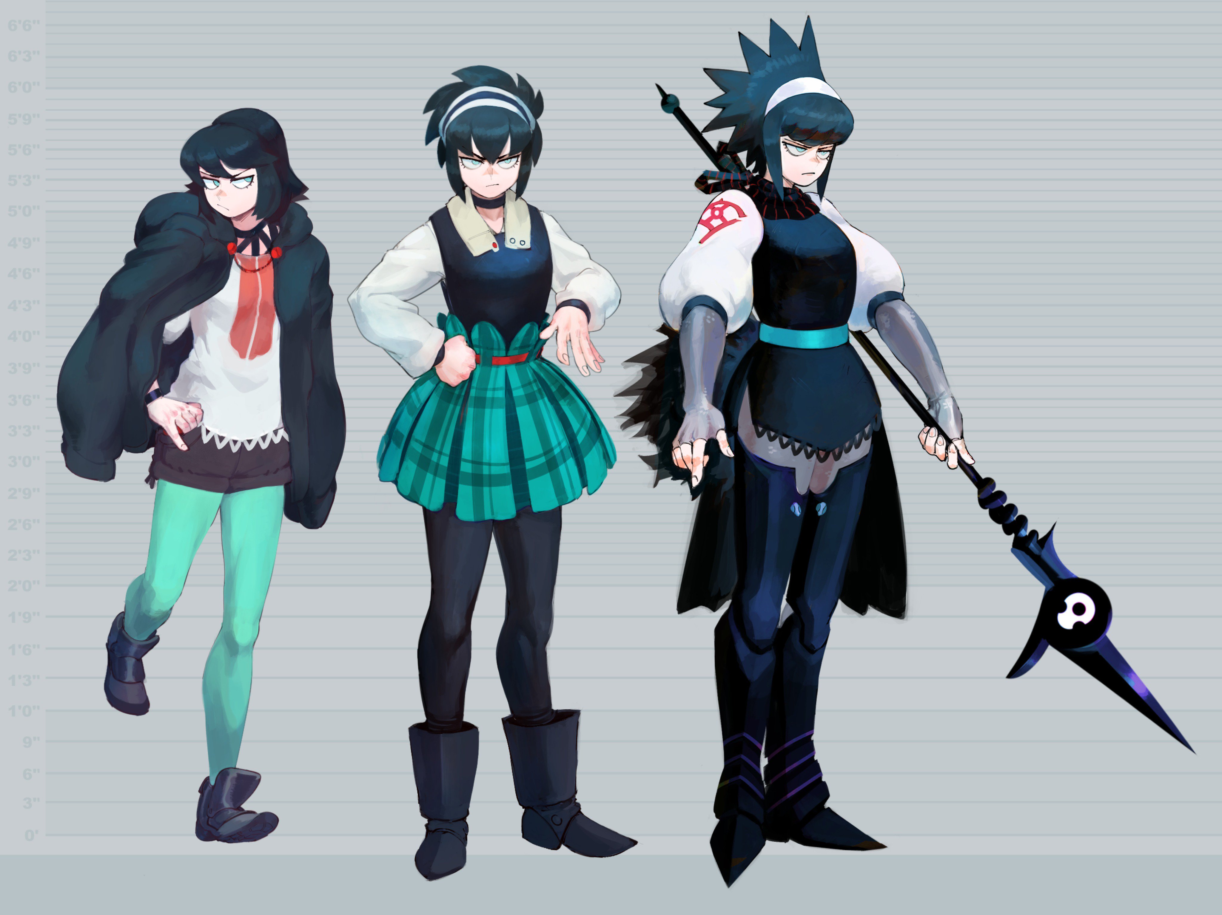 three anime girls standing in front of a height chart. the girl on the left is wearing a black cloak, white shirt and green tights. the girl in the center is wearing a green plaid skirt and a black top. the girl on the right is wearing a black dress and holding a spear. they are all looking forward.