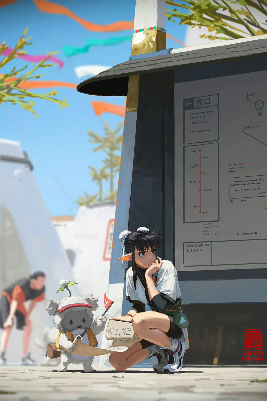 the digital artwork depicts a young animestyle girl with elflike ears, short dark hair, and a white shirt. she is squatting down, looking at a map or information board at what appears to be an outdoor information kiosk or bus stop.  beside her is a small, cute plush koala toy holding a small flag.  in the background, there's a man in a red shirt, suggesting a street scene. the background includes pastelcolored flags hanging in the air and simple buildings, creating a whimsical and lighthearted atmosphere. the overall style is reminiscent of urban fantasy, with the slightly surreal addition of the koala toy. the image is bright and sunny, suggesting a summer day.