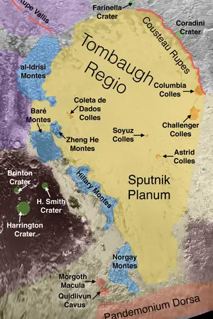 this is a detailed map of the surface of pluto, focusing on the tombaugh regio, a large region named after clyde tombaugh, the discoverer of pluto. the map showcases various geological features, including craters, mountain ranges (montes), hills (colles), plains (planum), cliffs (rupes), and ridges (dorsas).  the features are labeled with their names, highlighting the international astronomical union's (iau) approved nomenclature for pluto. this map is a testament to the scientific understanding of pluto's surface, gained through data collected by spacecraft missions like new horizons.