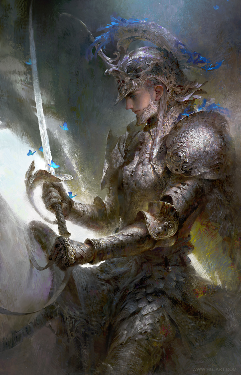 a knight in ornate silver armor sits atop a white horse, his head bowed in contemplation. he holds a long, thin sword in his gauntleted hand, the tip of which is adorned with delicate blue butterflies. more butterflies flutter around him, their ethereal presence contrasting with the knight's battleworn attire. the background is a dreamy blend of muted greens and grays, creating an atmosphere of somber tranquility.