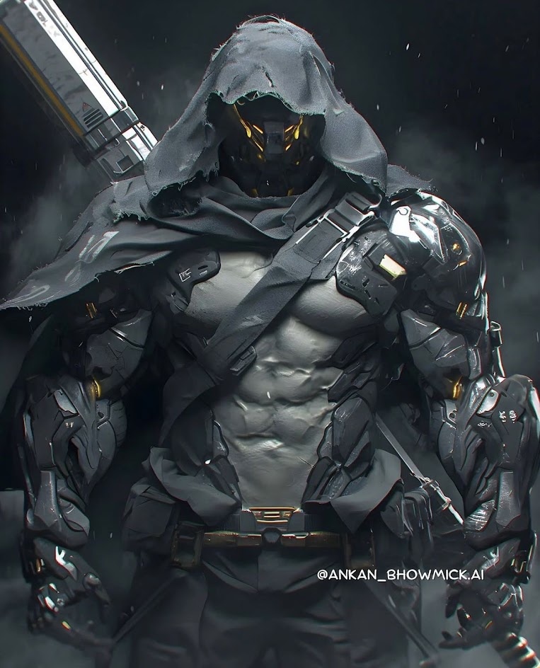 a closeup shot of a futuristic soldier, clad in sleek, dark armor, with a hooded cloak and a masked face. the soldier is holding a futuristic weapon in their right hand, and their left hand is clenched into a fist. the image is rendered in a cyberpunk style, with dark, gritty tones and a sense of danger and anticipation.