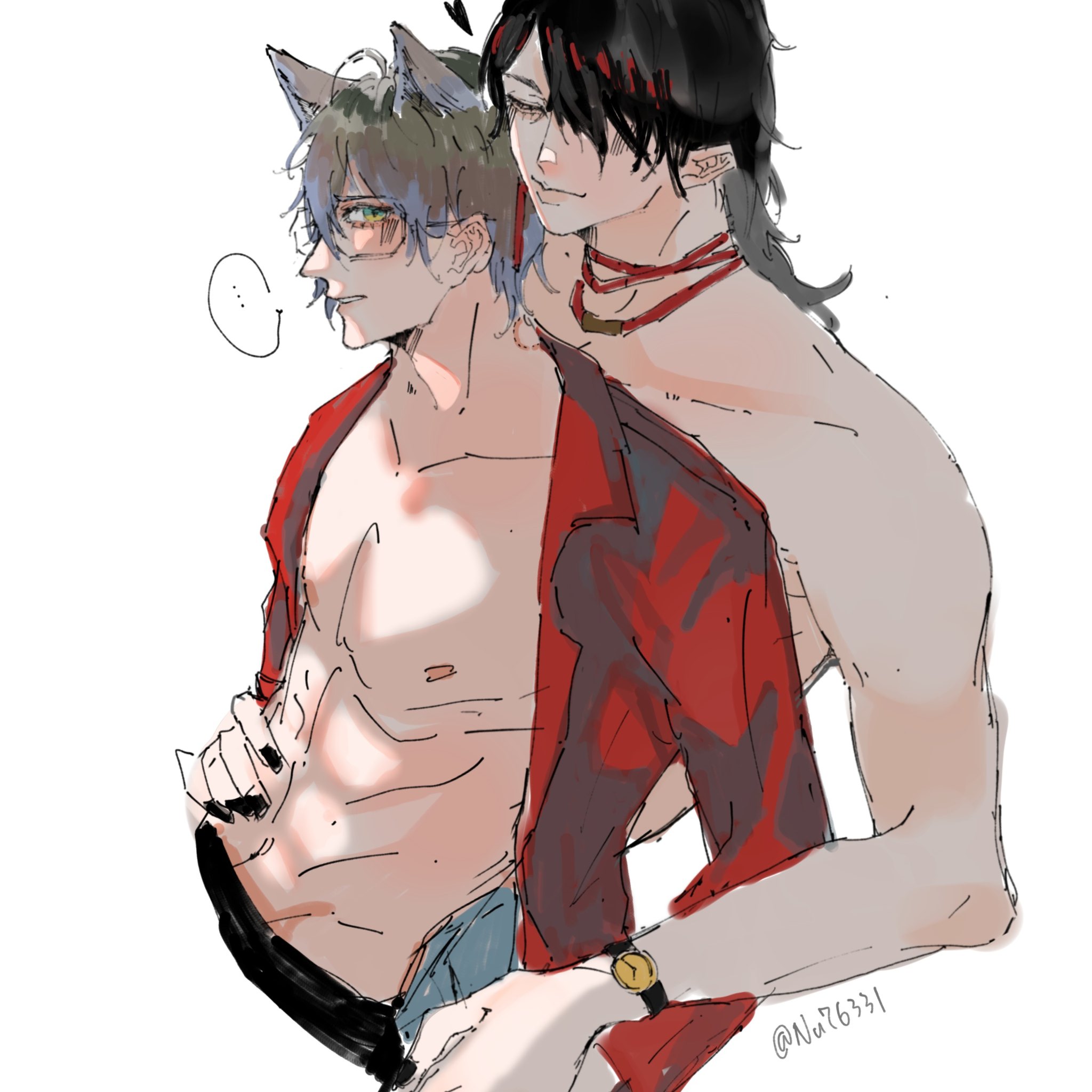 this is a digital drawing of two anime boys. the boy on the left has wolf ears and green eyes. he is wearing a red shirt with a  black outline and has his shirt pulled up to show his abs. the boy