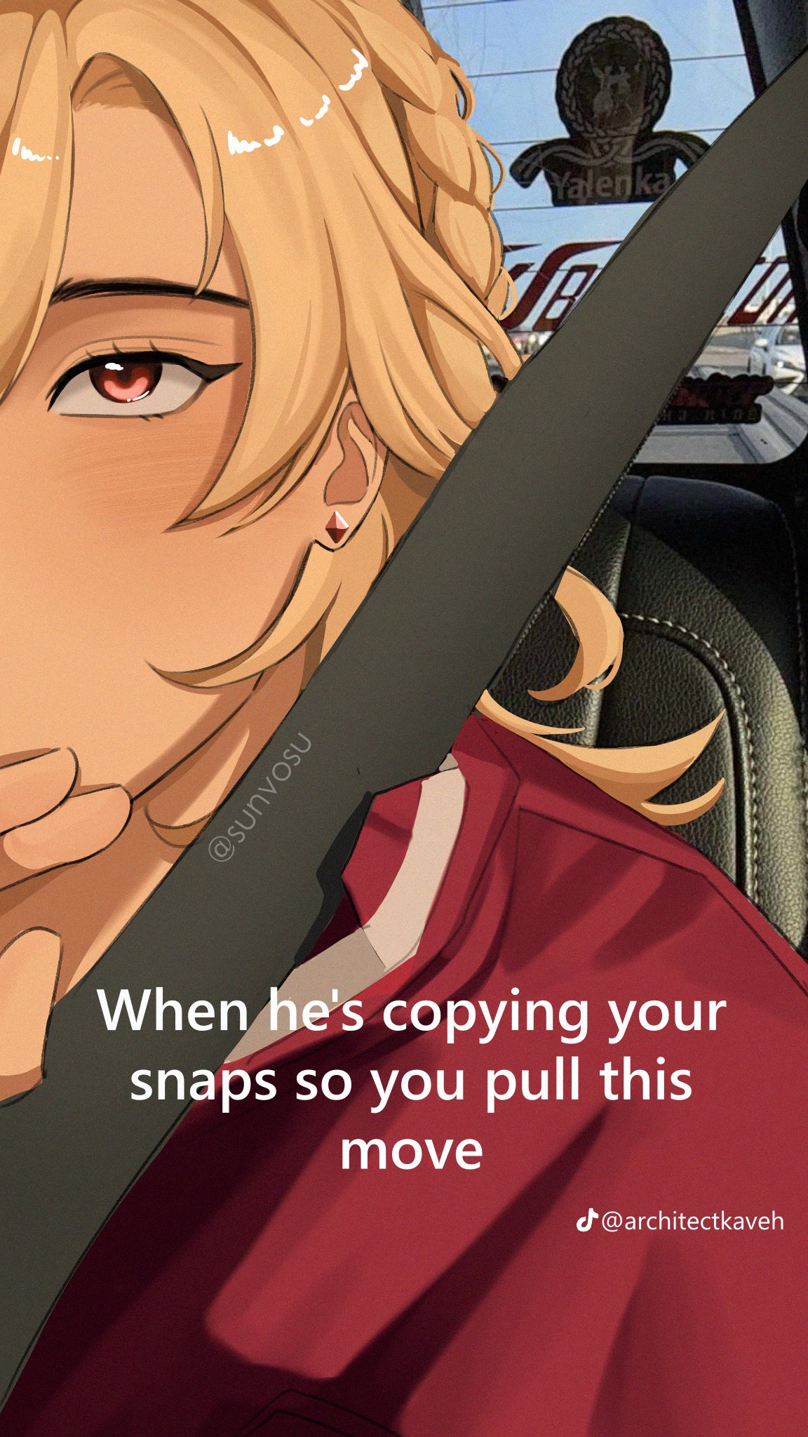 the image shows a digitally drawn anime character with blonde hair and red eyes sitting in a car. the character is wearing a red jacket and a seatbelt. text is overlaid on the image referencing social media and the act of someone copying snaps. the background shows the car interior and a glimpse of the outside through the window.