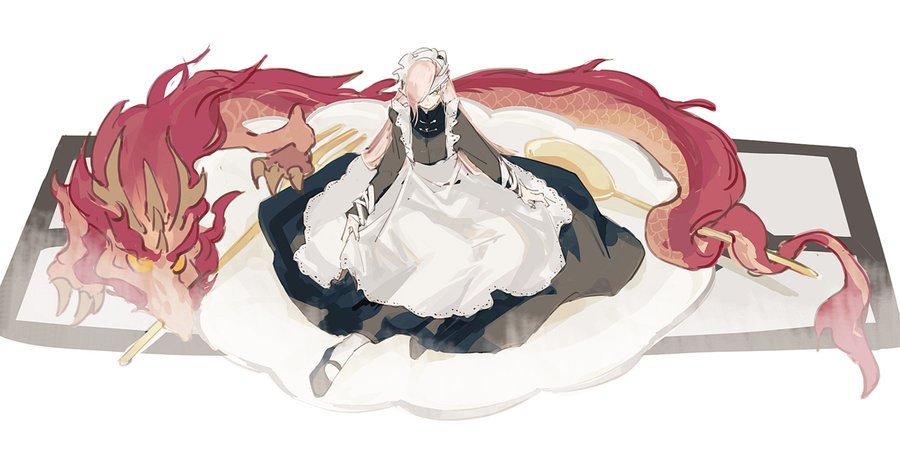a whimsical anime illustration of a young maid sitting in a giant plate surrounded by a red dragon. she wears a white apron, black dress and a black bow. the dragon is curled up around the plate, looking slightly mischievous. the plate is on a mat with a spoon, fork, and chopsticks beside it. the illustration is done in a digital art style with vibrant colors.