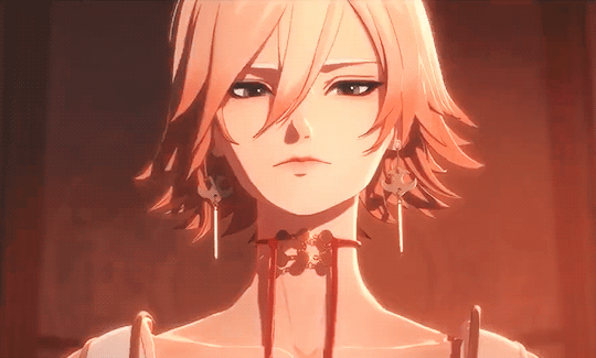 a closeup portrait of an anime girl with pink hair and red eyes. she is wearing a choker and earrings. she looks serious and thoughtful, as if she is considering something important. the background is a warm orange color.
