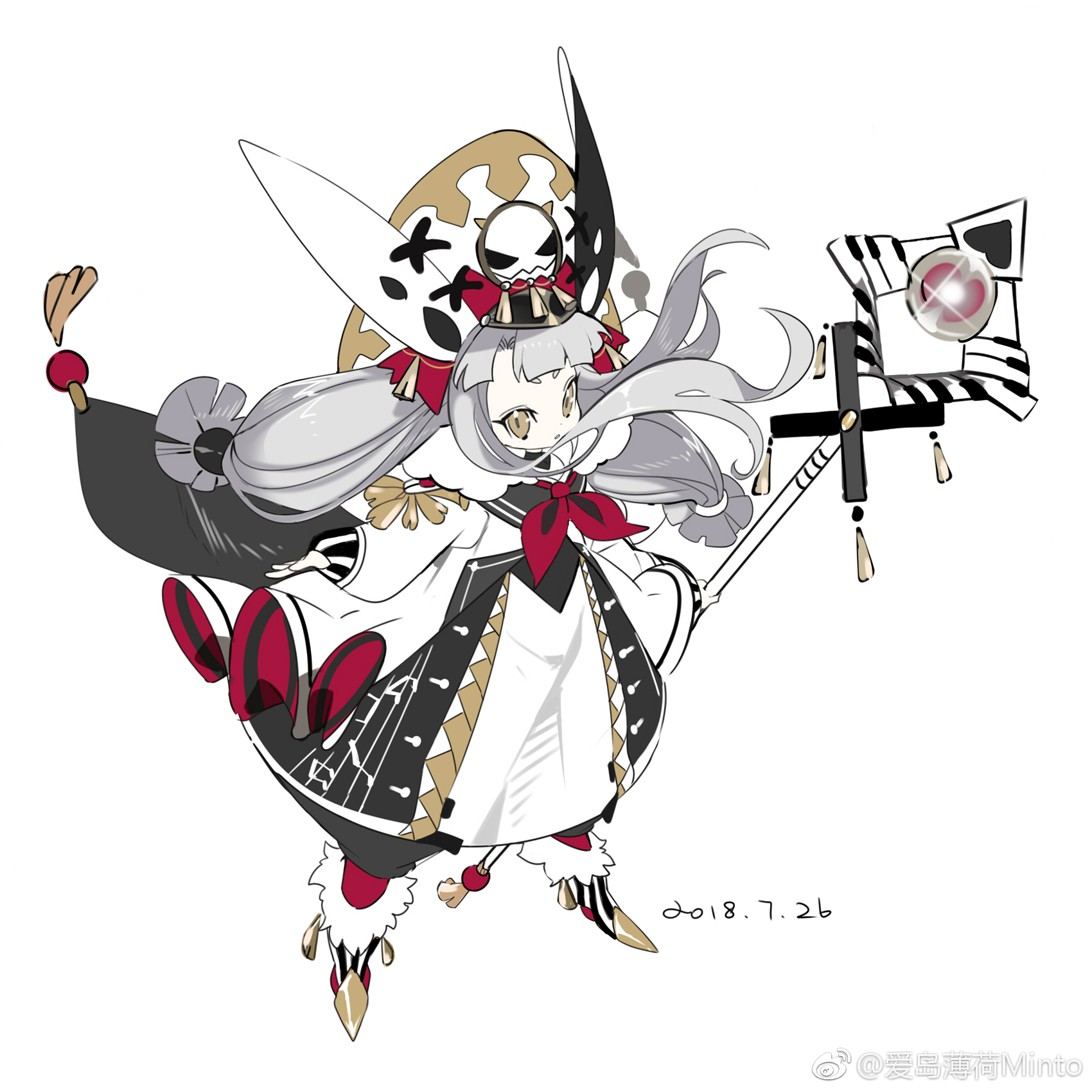 the image is a digital illustration of a cute, animestyle girl character design. she has white hair with black accents, large rabbitlike ears, and is wearing an elaborate black, white, red, and gold dress and hat with skull and crossbones motifs. she is holding a long staff with a crystal ball on the end in her right hand. the image has a clean, white background.