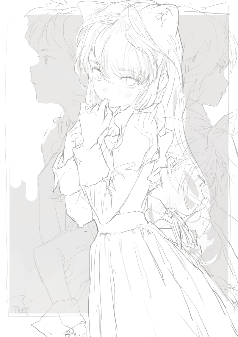 a pencil sketch of an anime girl wearing cat ears and a ruffled dress. she is in a pensive pose with her finger in her mouth. there are two blurred side profiles of the same girl in the background.