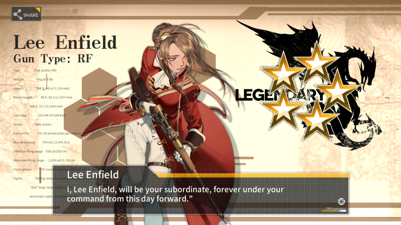 a screenshot of a mobile game character screen. the character, lee enfield, is a female character with brown hair and is dressed in a red military uniform and holding a rifle. the text "lee enfield," "gun type: rf," and "legendary" are displayed prominently. there are also some stats about the gun and a quote from the character.