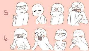 the image presents a collection of simple figure drawings depicting various facial expressions.  each figure is minimally detailed, focusing primarily on conveying emotion through the eyes, eyebrows, and mouth.  the figures are drawn in a cartoon style and set against a plain, light pink background.  the purpose of the image is likely to serve as a reference or practice tool for artists learning to draw expressive characters.