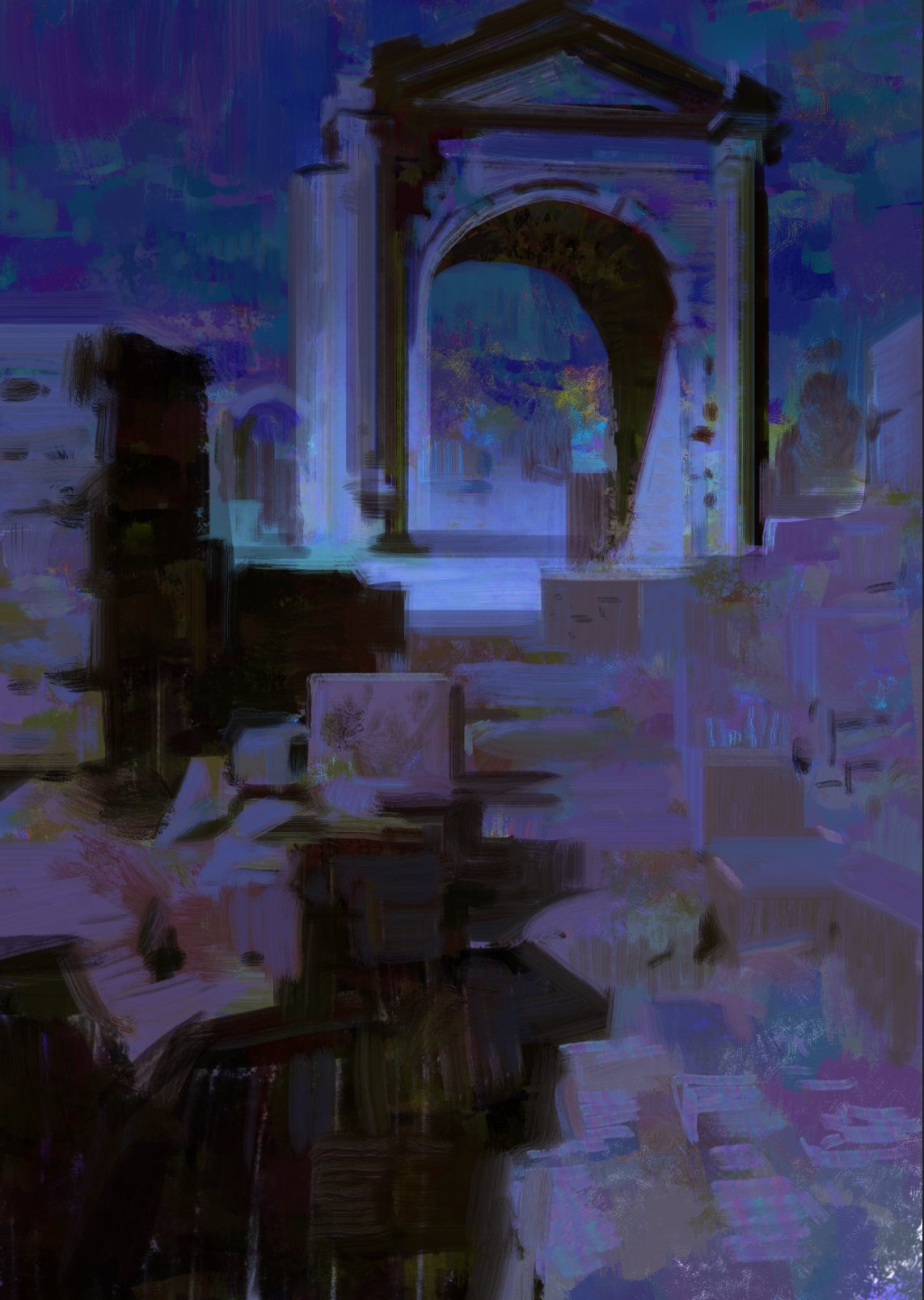 a digital painting depicting an old, stone archway in a dark, blue and purple landscape. the archway is set against a background of ruins and appears to be at night. the painting is abstract in style, with loose brushstrokes and a sense of mystery.