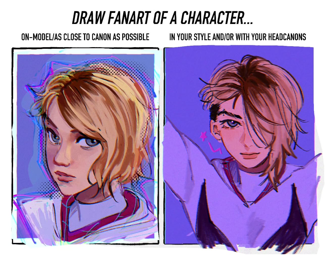 he image showcases a "draw fanart of a character" challenge, presenting two versions of the same character, presumably spidergwen. the left side depicts a more faithful, onmodel rendition, closely resembling the original character design.  the right side presents a personalized interpretation, reflecting the artist's style and headcanons, with noticeable alterations in hair style and overall aesthetic. both illustrations are digital and feature a stylized, slightly painterly quality with vibrant color palettes, primarily utilizing purples and pinks. the background in both panels is a contrasting solid color, enhancing the focus on the character.