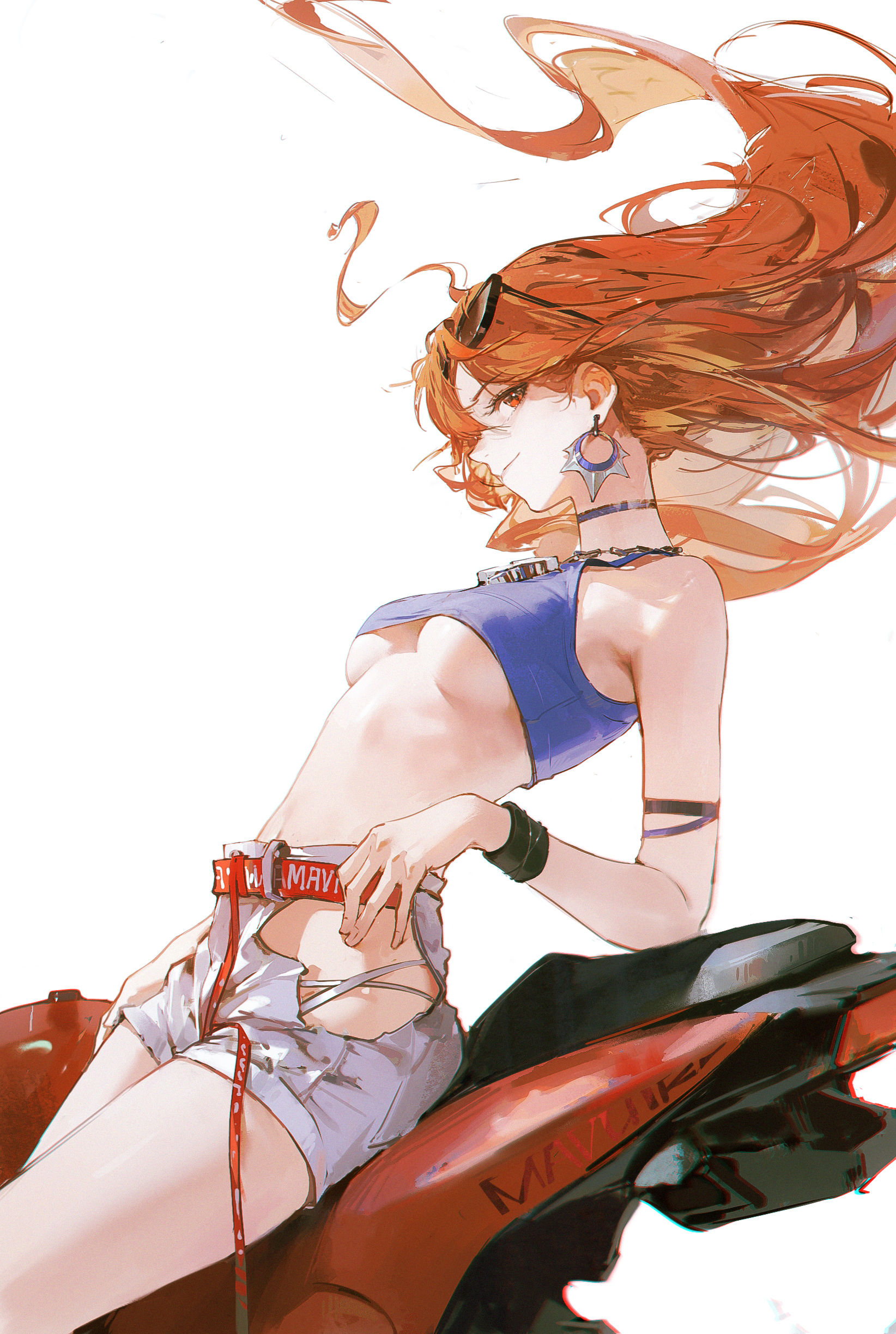 a drawing of a woman with orange hair sitting on a red motorcycle. the woman is wearing sunglasses, a blue crop top, and cutoff shorts. she has an earring and a choker on. the image is in an anime style.