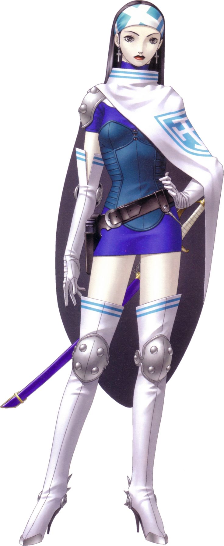 this image depicts a female anime character from a fantasy setting. the character is dressed in a white and blue attire with a purple skirt and a sword in her hand. she's wearing white boots and has long black hair and blue eyes. the character is drawn in a dynamic pose, with her legs spread apart and her sword held high.