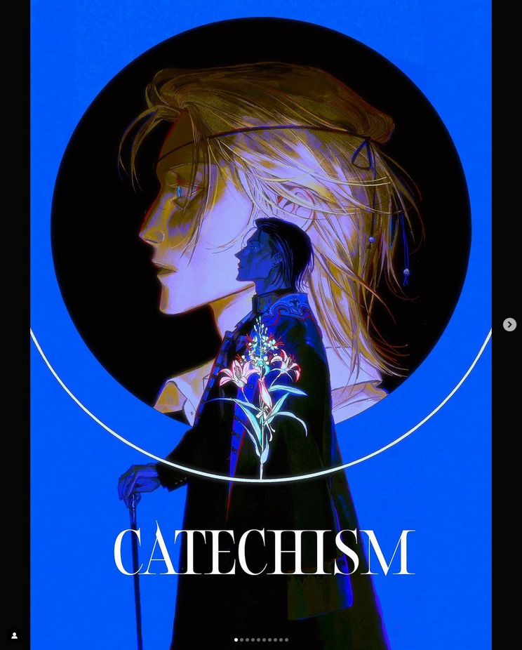 a graphic art piece depicting a man in an anime style. the man has blonde hair and is wearing a black suit, black tie, and white shirt. he is holding a cane and is standing in profile. there are flowers on his jacket. he appears to be standing in front of another man. both of their faces are visible in the image. the image is set against a blue background with a black circle and geometric shapes. the text "catechism" is written on the bottom of the image in white.