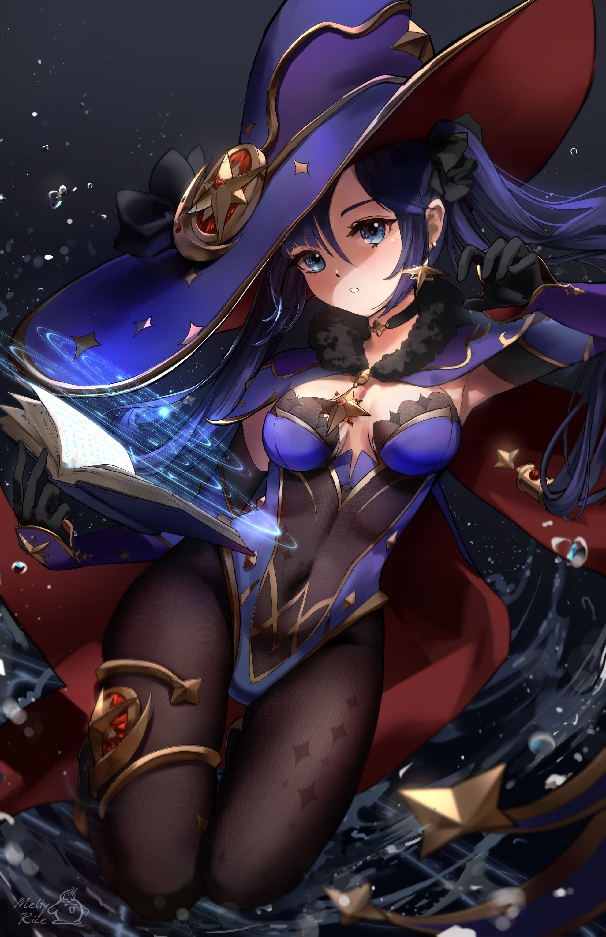 an anime girl dressed in a witch costume sits perched on a rock amidst a swirling pool of water. she wears a large, floppy witch hat adorned with stars and a blue bodysuit with gold accents. her long dark blue hair flows behind her, and her piercing blue eyes are focused on the glowing magic book in her hands. the scene is dramatically lit, highlighting the magical energy emanating from the book and creating a sense of mystery and power.
