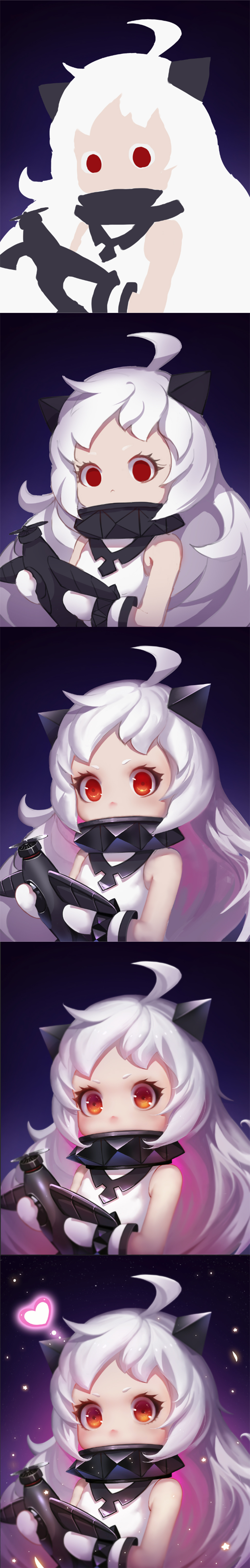 the image is of a young anime girl with white hair, she has a cute white and black outfit on. the girl has large red eyes with black pupils and is looking at the camera with a neutral expression on her face. the girl is holding a dark weapon in each hand, with her hands at her sides. she is against a dark purple and pink starry background.