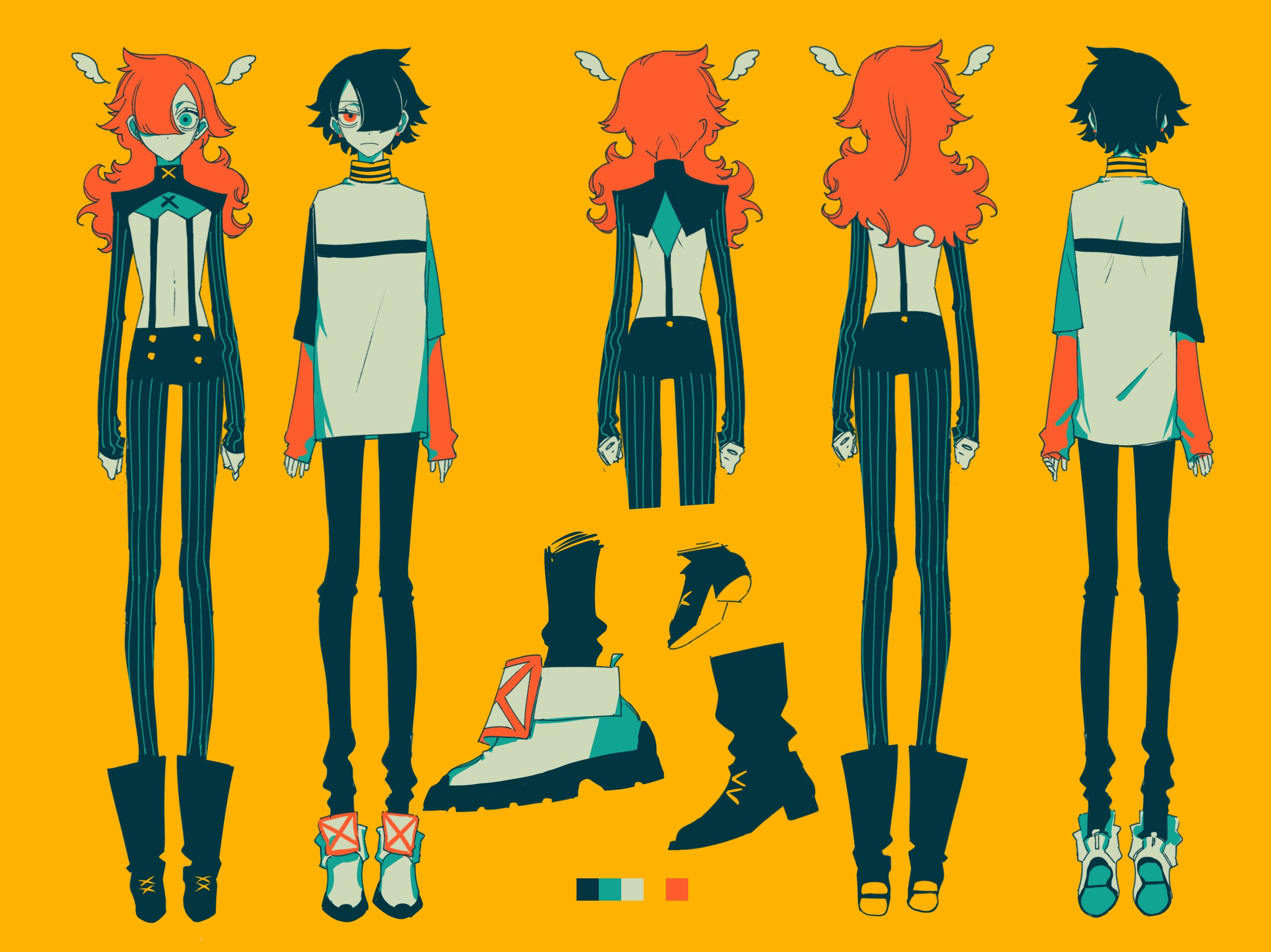 this image is a character design sheet featuring a girl and a boy. it showcases their full body, front, back and side views, as well as closeups of their clothing and footwear. the style is anime/mangainspired, with a focus on bold colors and graphic lines.  the sheet provides a comprehensive view of the characters' appearances, including various clothing elements, hair styles and a color palette.  the overall aesthetic is modern and stylish.