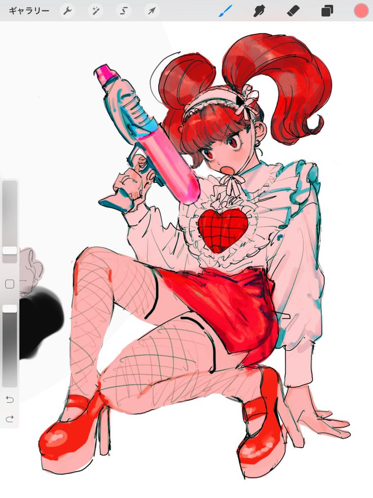 this is an illustration of a cartoon anime girl in a red skirt, white shirt and red shoes, holding a water gun. she is