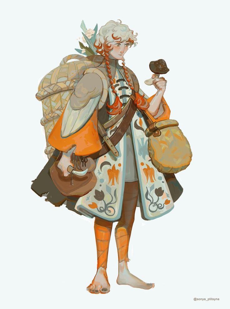a woman is depicted in an illustration of an orange and white outfit. she has a backpack and a satchel slung over her shoulder. she's holding a mushroom in her right hand and a knife in her left. she is barefoot.