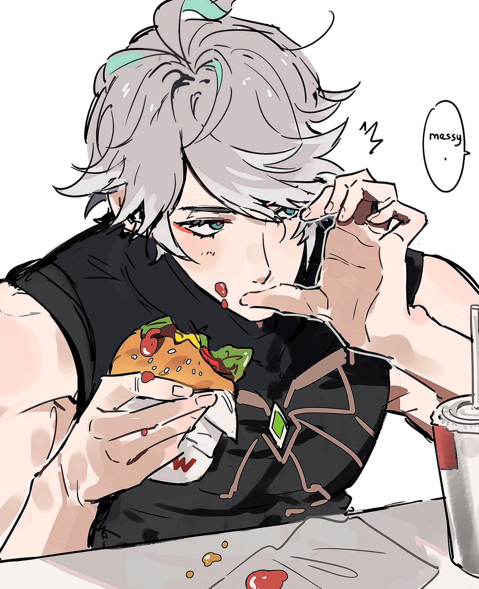 an anime boy with silver hair and a blue hair clip is happily eating a hamburger while looking at the camera.  he is sitting in a restaurant and has a black tshirt and a soda in front of him. there is ketchup on the table. his eyes are light blue. he is smiling as he eats. he is holding the burger with his right hand and his left hand is on his cheek.  the caption says 'messy'.