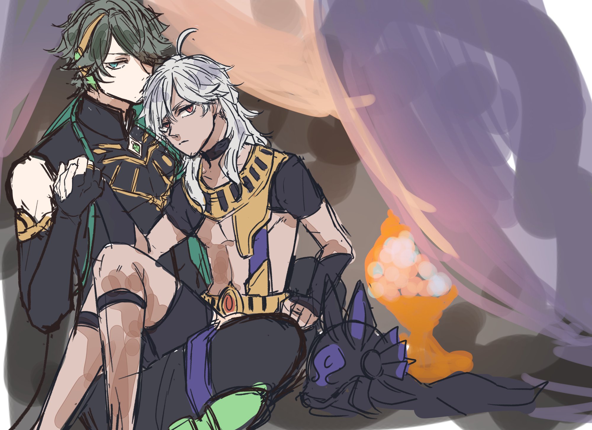 the image is a digital illustration of two anime characters. the one on the left is wearing a black and green outfit with a green scarf and has green eyes. the one on the right is wearing a black and gold outfit with white hair and blue eyes. the two characters are sitting together, smiling and looking at each other. they appear to be close friends.  the background is a soft purple and pink.