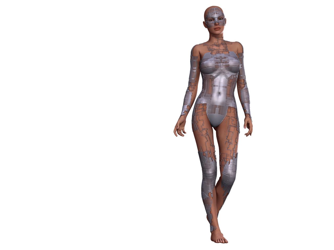 a fullbody image of a female cyborg against a black background. she has a bald head and wears a partial silver body suit that resembles a circuit board pattern.
