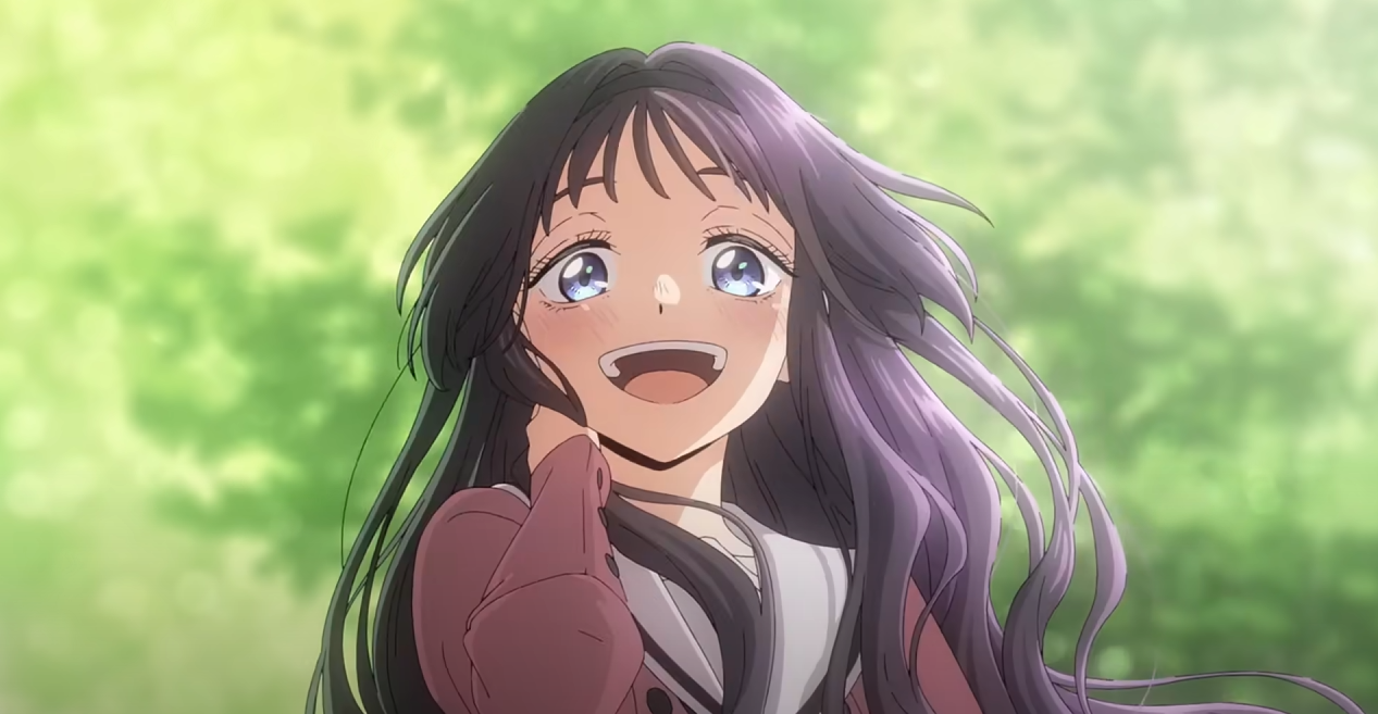the image showcases a closeup of an animestyle girl with long, flowing purple hair that's gently blowing in the wind.  she has large, expressive blue eyes and a wide, joyful smile, radiating happiness.  her attire appears to be a school uniform, consisting of a maroon jacket or sweater. the background is a softly blurred green landscape suggesting an outdoor setting, possibly a park or forest, with dappled sunlight creating a bokeh effect. the overall style is bright, cheerful, and reminiscent of modern anime artwork.