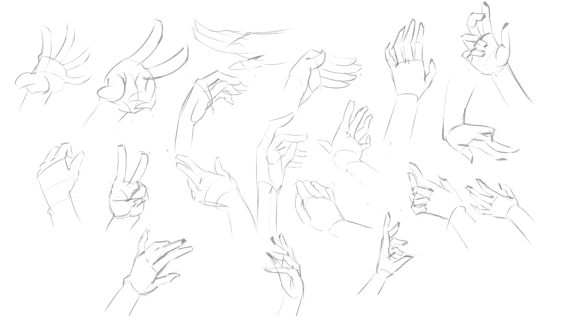 this is a drawing of multiple hand gestures. it's sketched in black and white, with a focus on the anatomy of the hand. each hand is drawn in a different position, showcasing various gestures. the lines are simple and flowing, creating a dynamic and expressive image.
