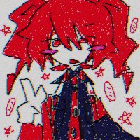 a pixel art drawing of an anime girl with red hair and a black and red outfit. she is holding up a peace sign. there are stars and pentagrams surrounding her.