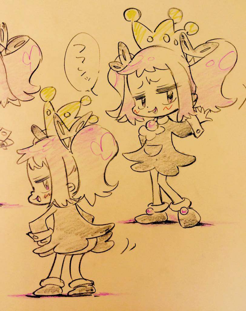 this is a cute, cartoon drawing of two girls that look like they could be from an anime or manga. both characters have large eyes, small noses and mouths, and wear poofy dresses and crowns. one girl is turned with her back to the viewer and looks unhappy, the other is looking at her with a smirk.