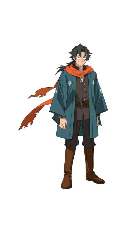 this is a digital illustration of a young male anime character wearing a dark blue haori (a type of kimono worn over another kimono) with an orange scarf and a brown belt. he appears to be a samurai, as he's wearing a sword on his waist. he has dark brown hair and eyes and a serious expression on his face. the art style is animeinspired, with a focus on detail in the characters clothing. the background is a simple white, making the character the central focus of the image.