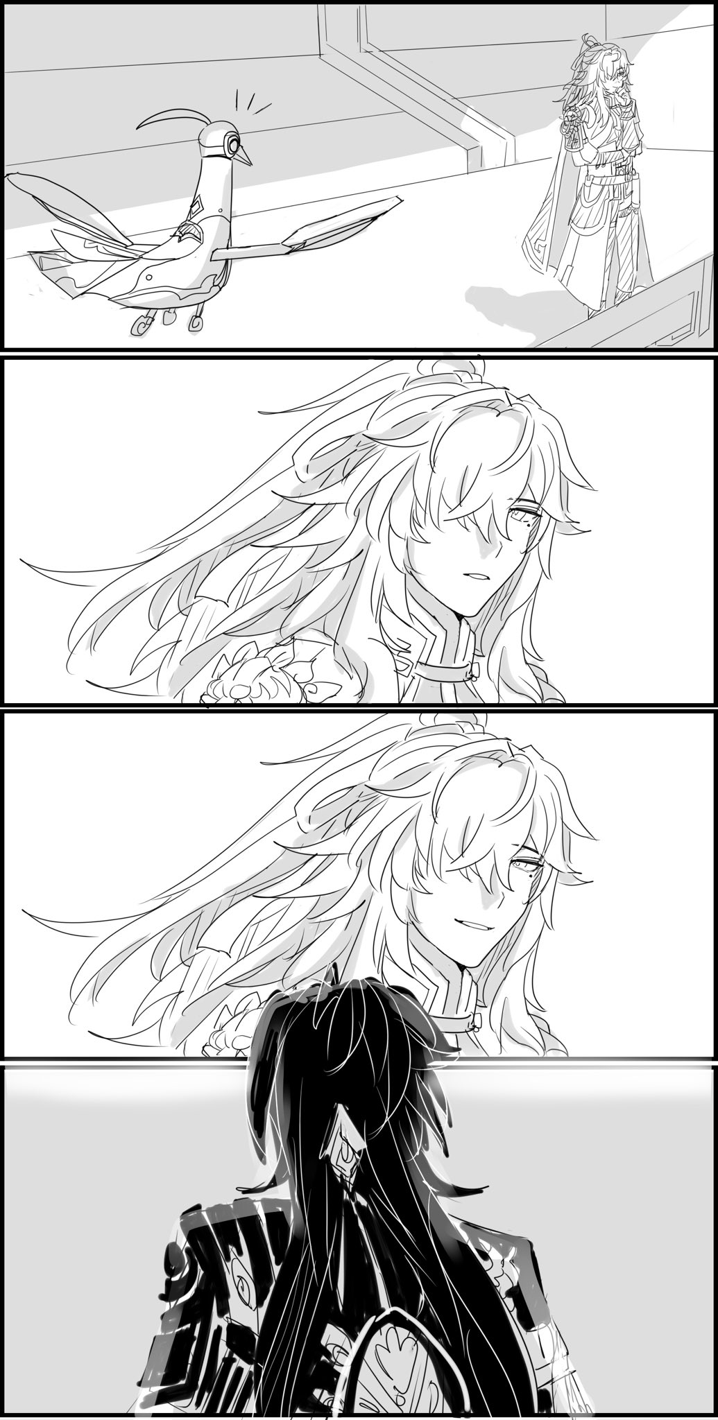 this is a black and white anime illustration of a girl with long white hair in the middle panel and a girl with long black hair in the last panel. the first panel shows a robotic bird. the illustration shows a fantasy art of girls, a robot and magic.