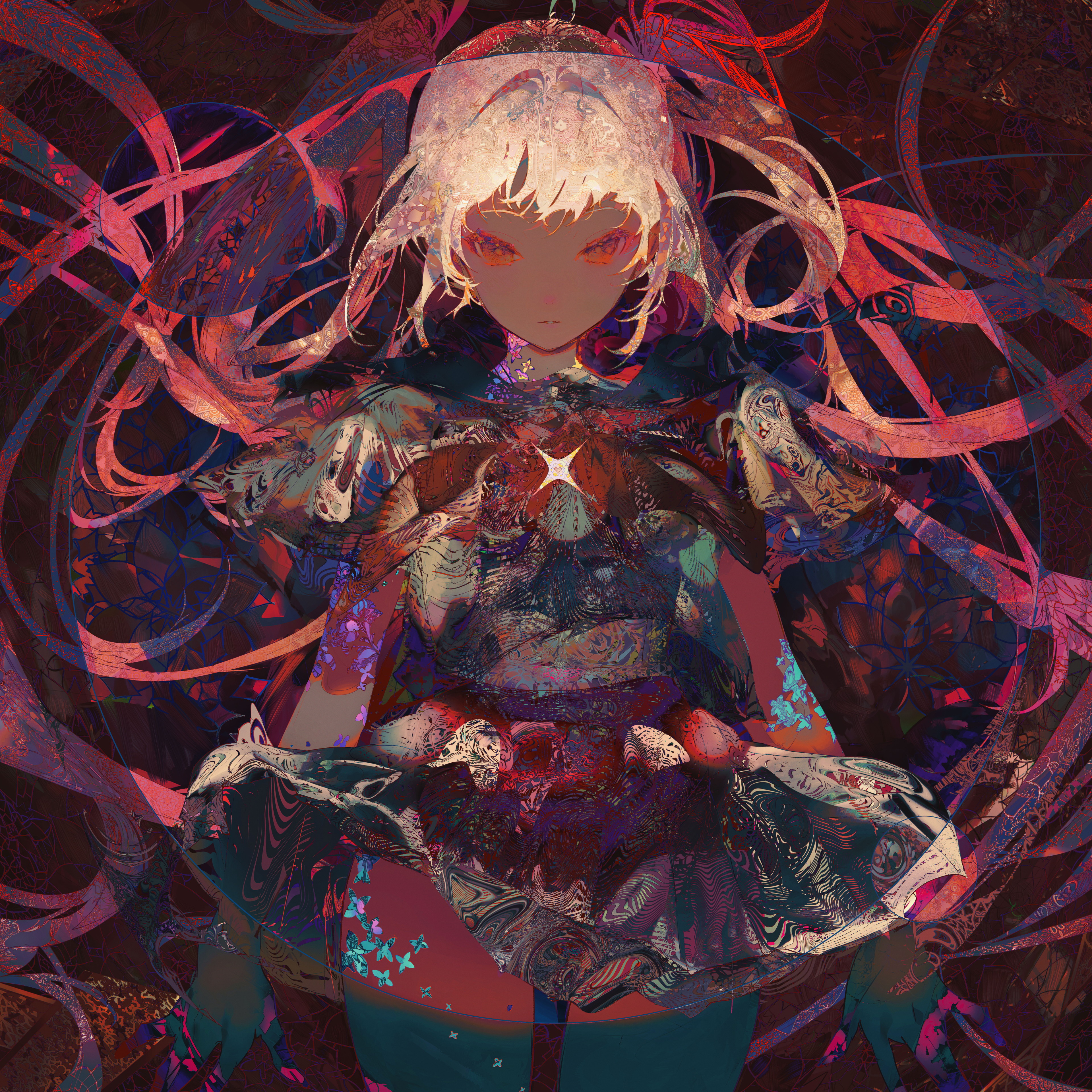 the image is a digital painting or illustration of a young woman, styled in an anime or manga aesthetic. she has long, flowing, reddishpink hair that swirls dramatically around her, almost obscuring her. her dress is elaborate and richly detailed with dark, reddish, and purplish tones featuring complex textures and patterns. the color scheme is dark and moody, with vibrant pops of color, giving an overall mystical and surreal feel.  her expression is intense, with a piercing gaze and glowing eyes, adding to the mysterious and captivating mood. the artwork is highly detailed and layered with various textures and patterns creating a complex and visually interesting composition. the style leans towards fantasy or dark fantasy, hinting at magic or otherworldly themes.