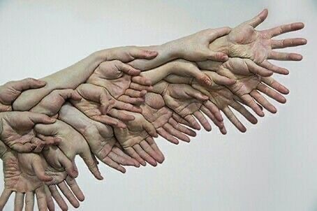 the image shows a closeup view of multiple human hands intertwined and arranged in a manner that resembles a winglike formation. the hands are depicted in a realistic style with attention to detail in their texture and form.