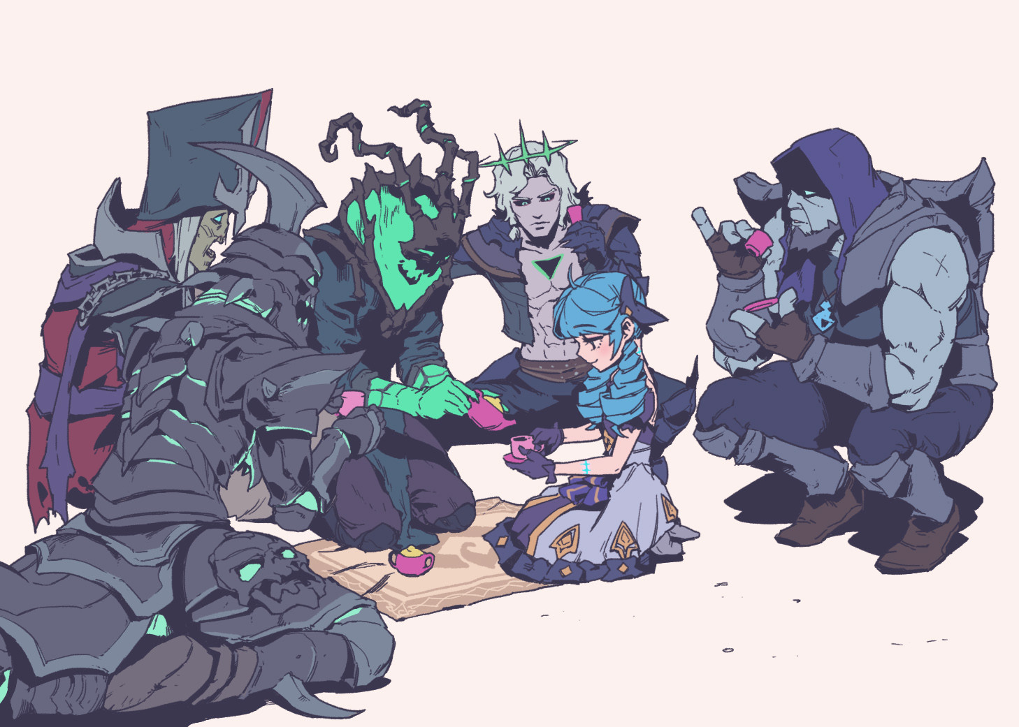 this is an illustration of league of legends characters: jinx, zed, master yi, rengar and graves. it is a fanart of the characters drawn in anime style. they are sitting on the ground in a circle, seemingly having tea.