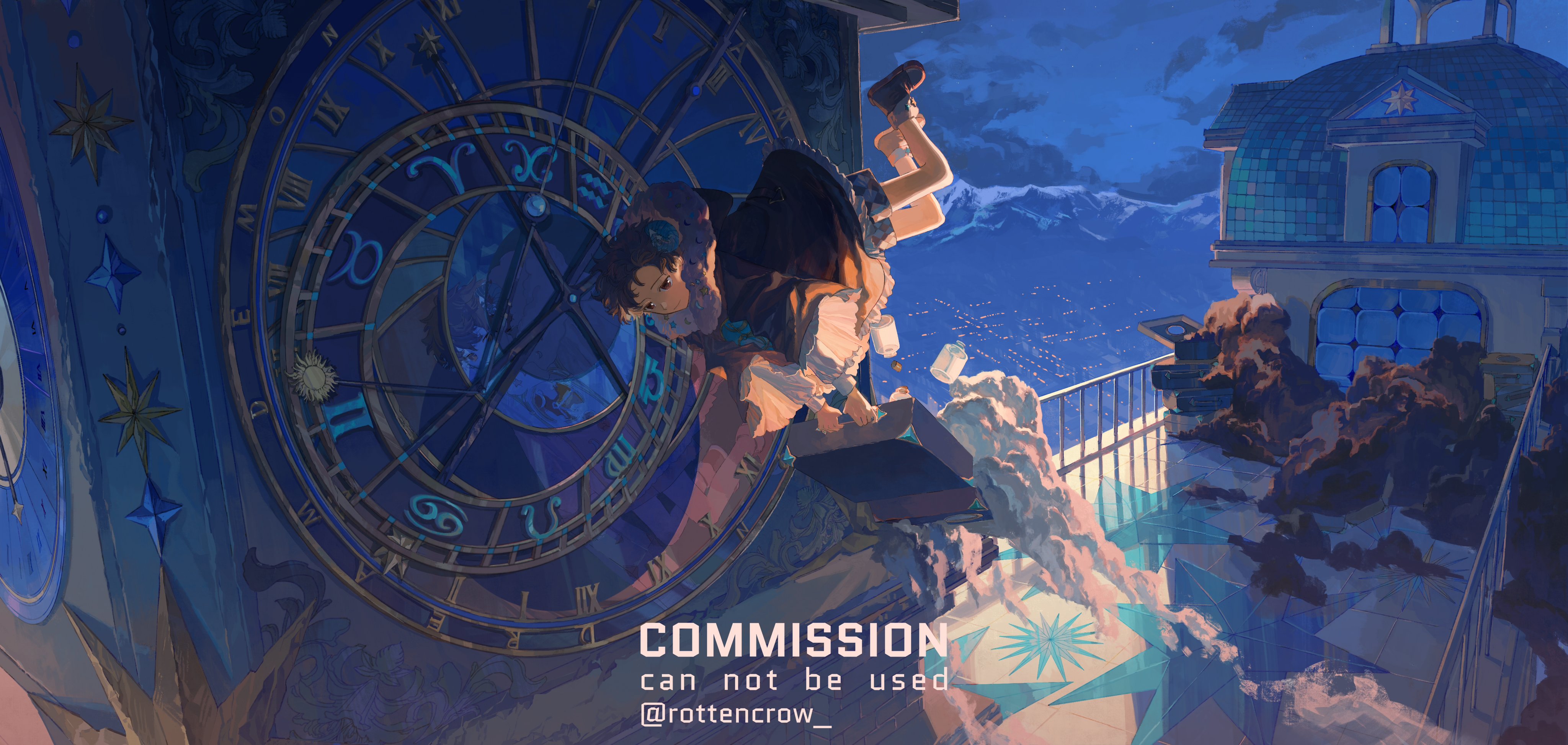 a young woman with a cloak and a witch hat, holding a box, is looking out over a cityscape at night. she is standing on a clock tower, the clock face of which has been stylized to represent the zodiac symbols. there are clouds around her and below her, which are illuminated by the city lights. the stars and moon phases are present on the clock face. the style of the artwork is anime.
